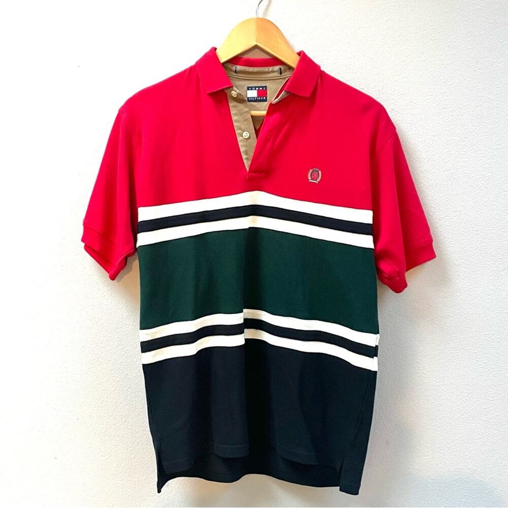 Tommy Hilfiger Vintage 90s Red Green White Striped Mesh Polo Shirt Men's Small